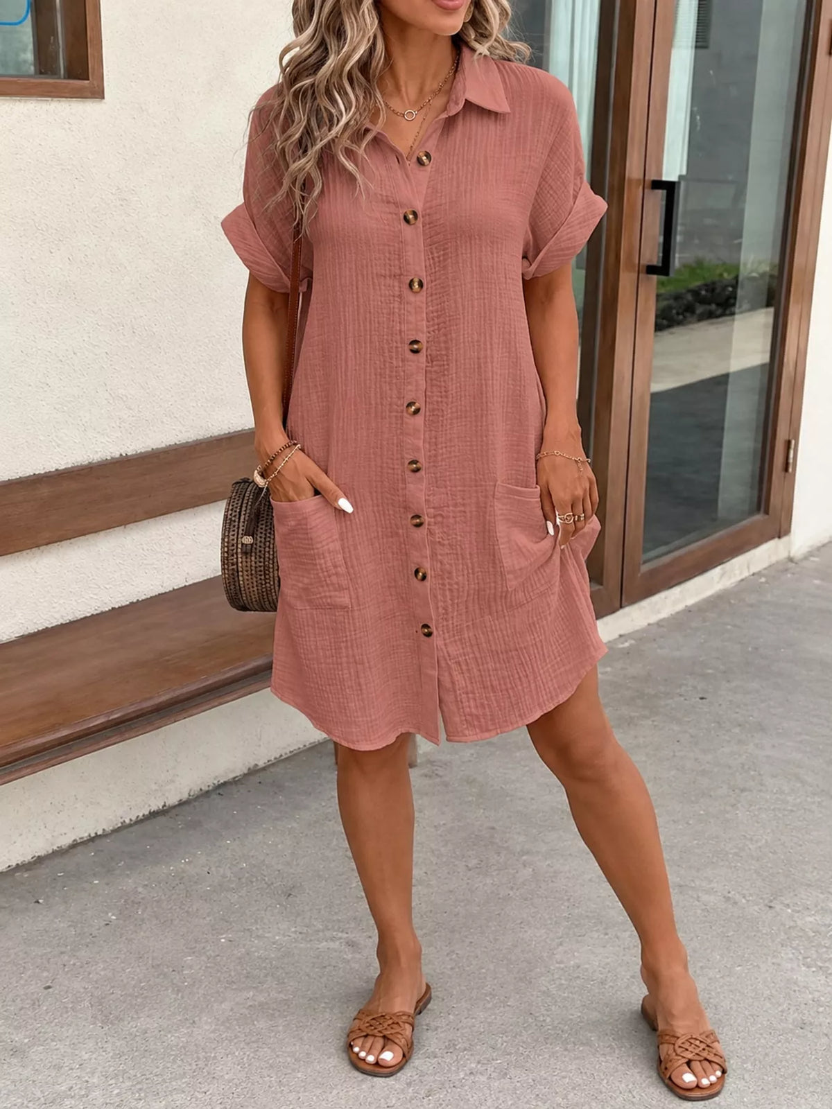 Dusty pink textured button-front shirt dress with pockets