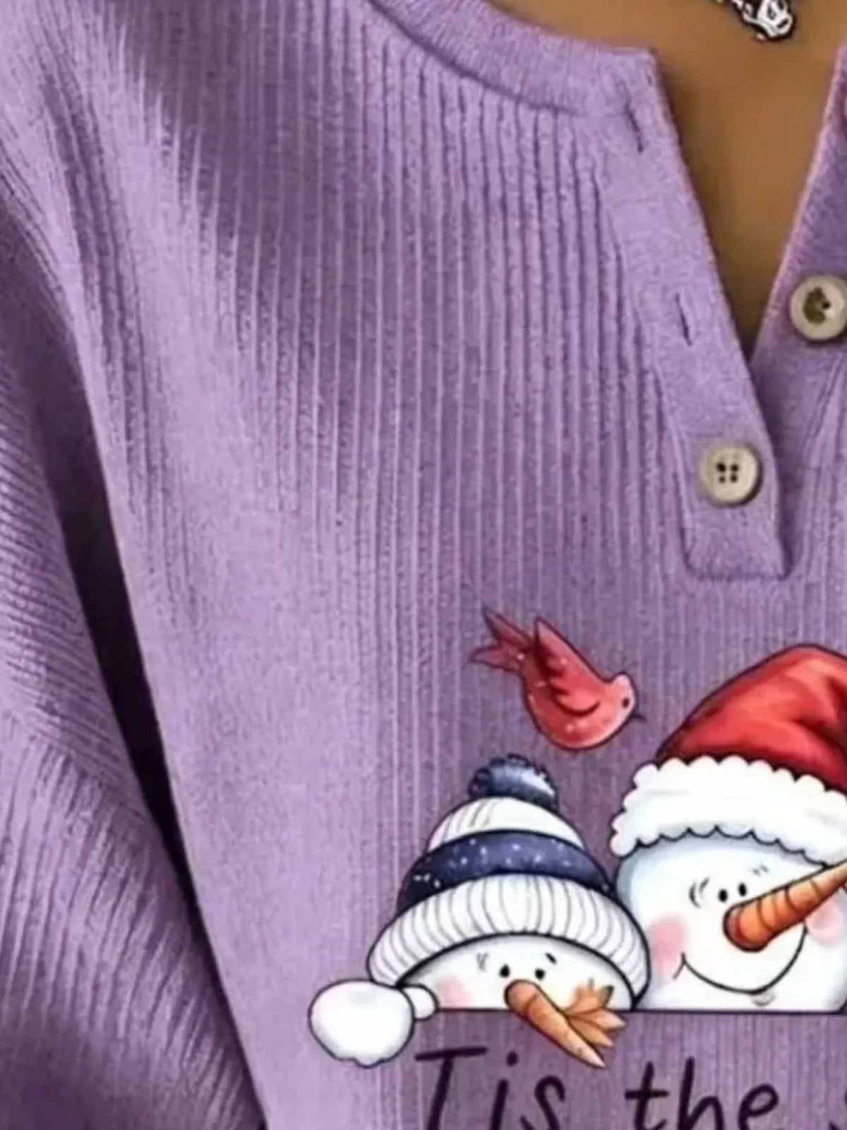 Snowman graphic ribbed Henley sweatshirt in mauve, neckline detail