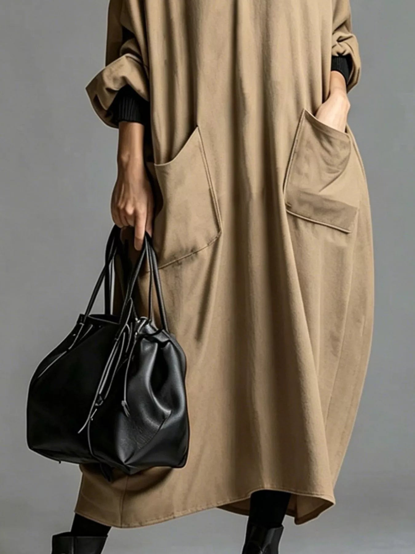 Trendsi Full Size Loose-Fit Mock Neck Midi Dress with Pockets Plus Size -