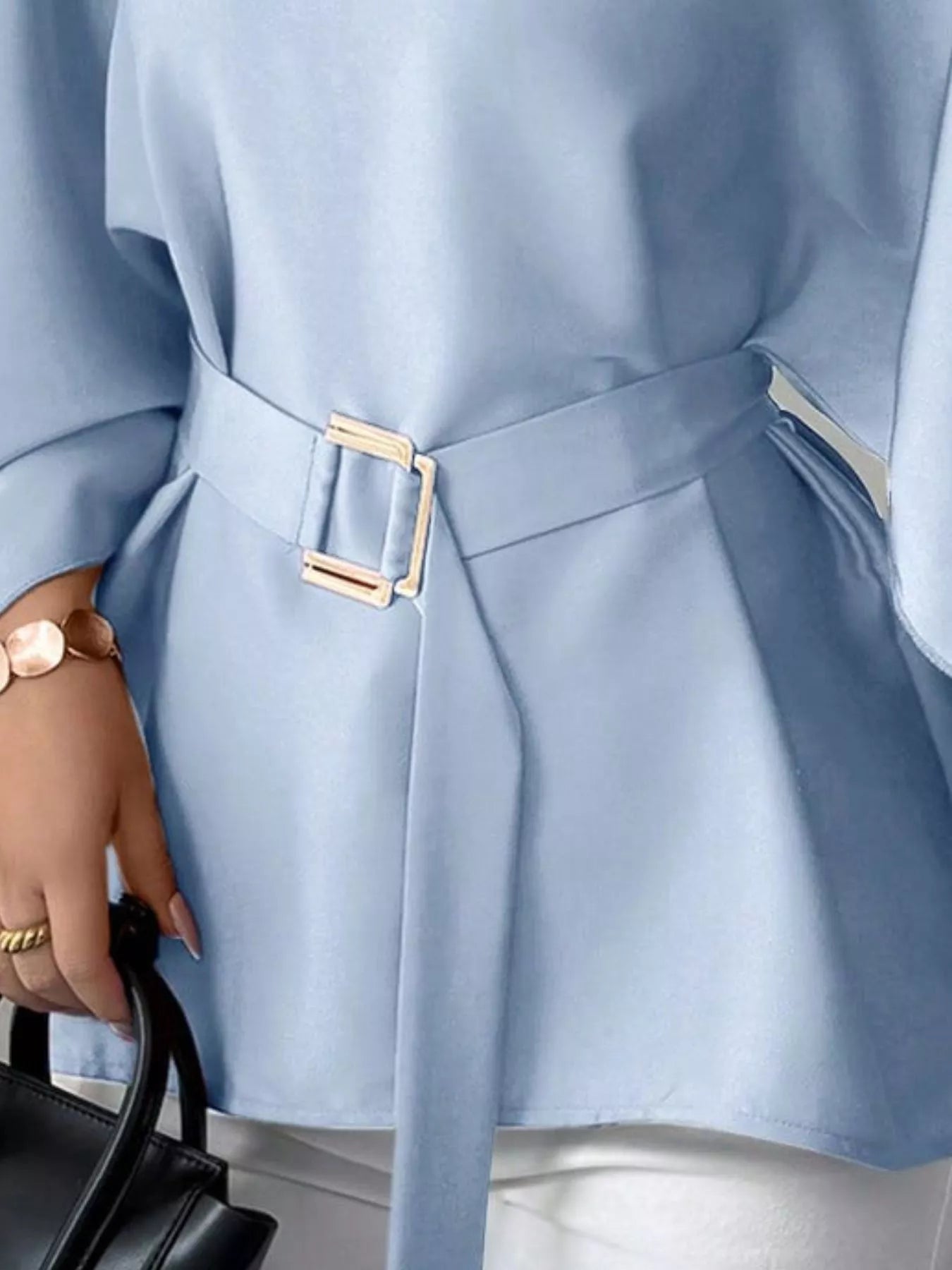 Round-neck belt batwing-sleeve blouse