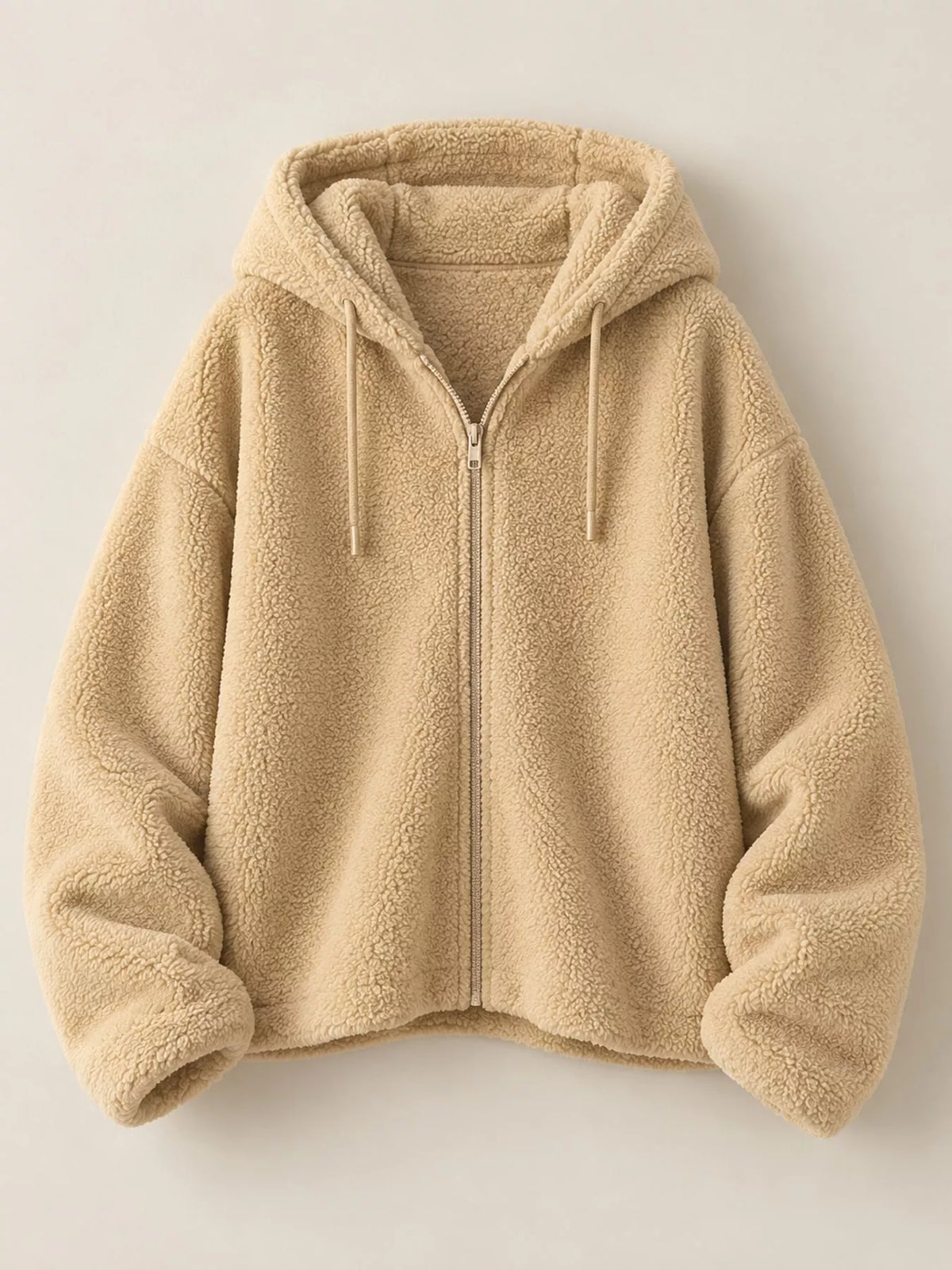 Cropped sherpa hoodie, tan flat lay