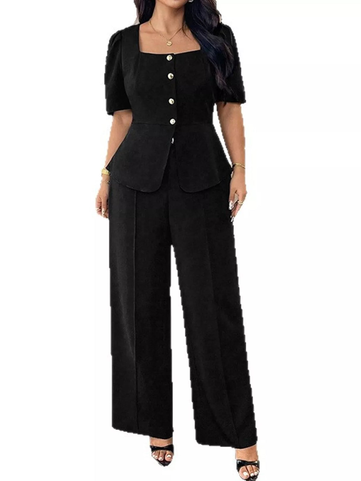 Peplum top and pants set, black front