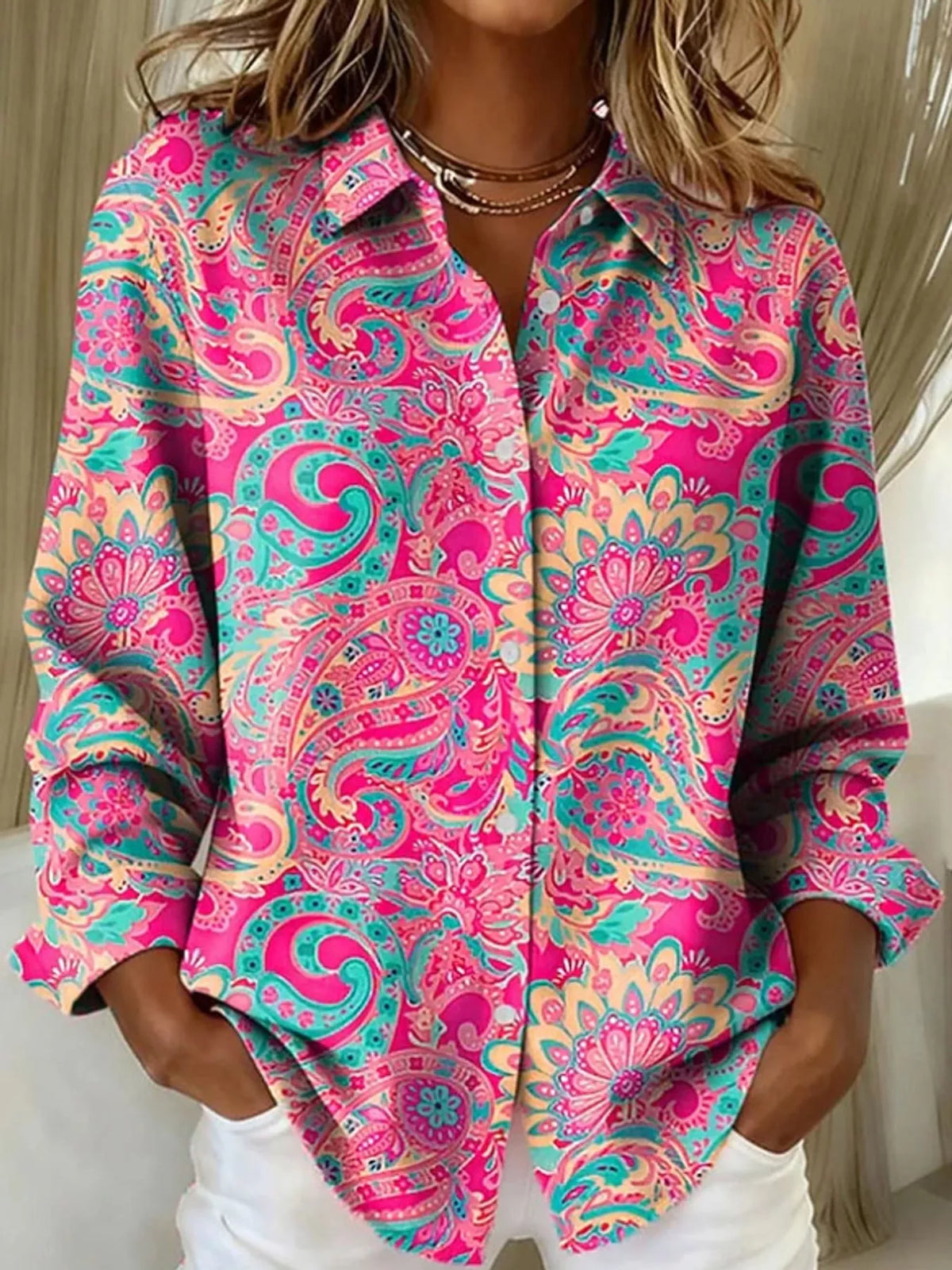Pink and green paisley long sleeve shirt