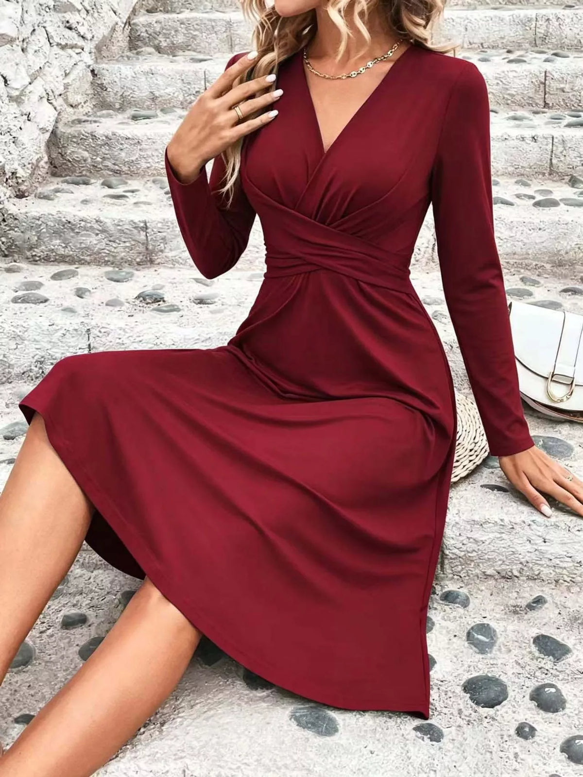 Burgundy long sleeve ruched-front midi dress