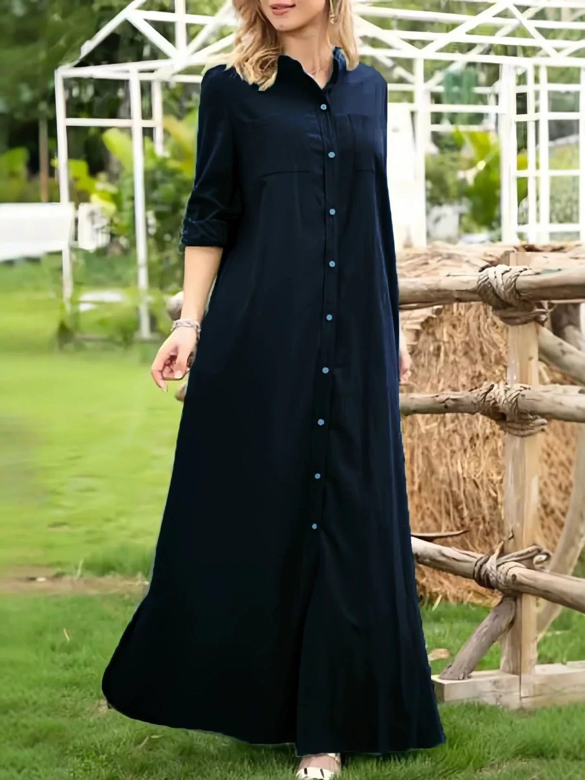 Mandarin neck long sleeve maxi dress, front view on model