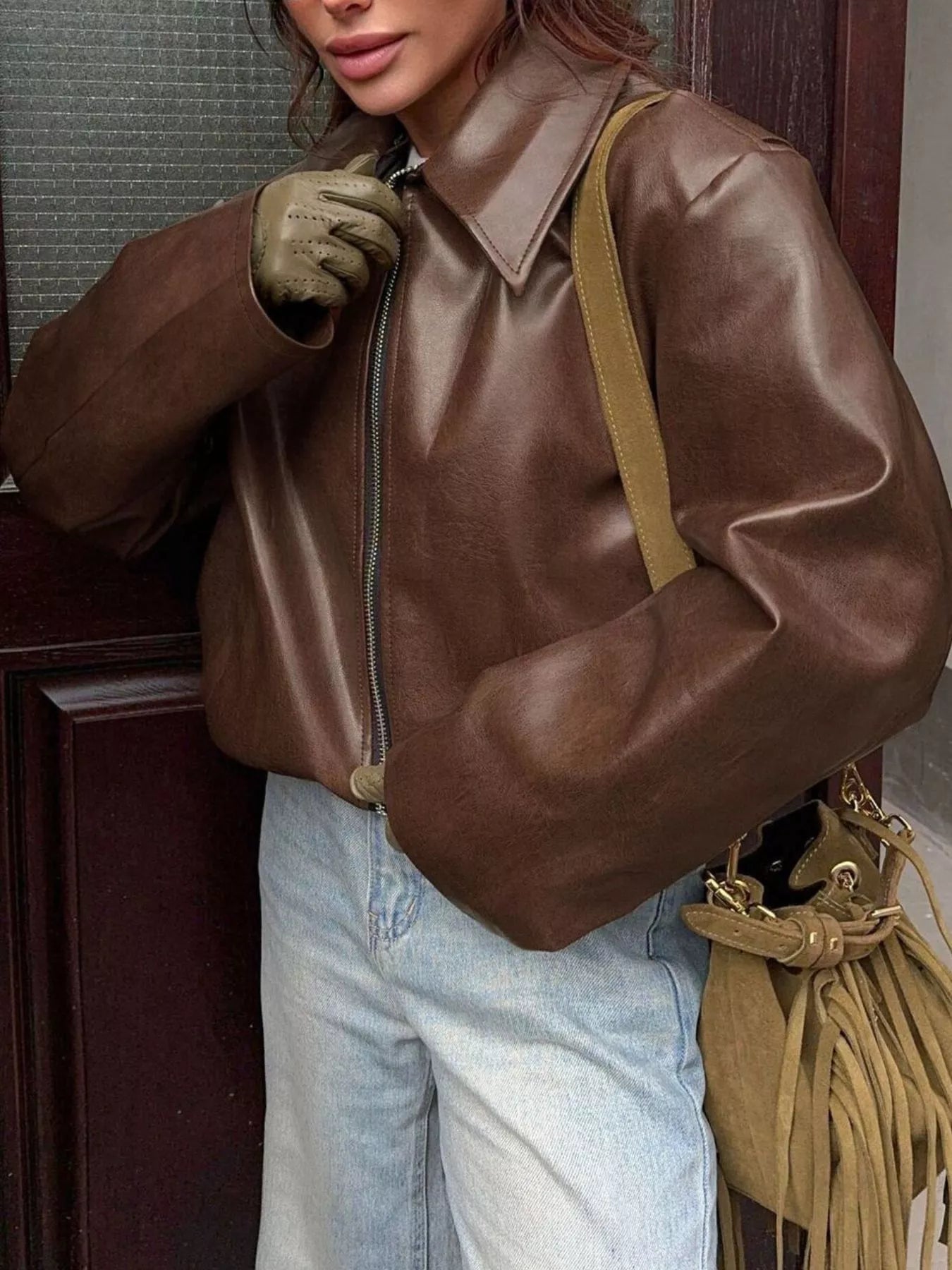 Trendsi Faux Leather Zip Up Jacket -