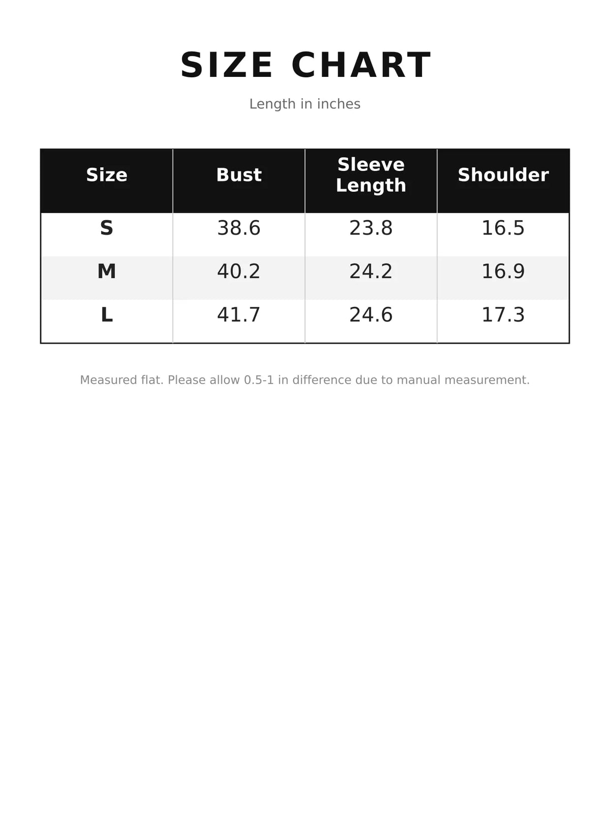 Size chart for vintage style suede button-down jacket