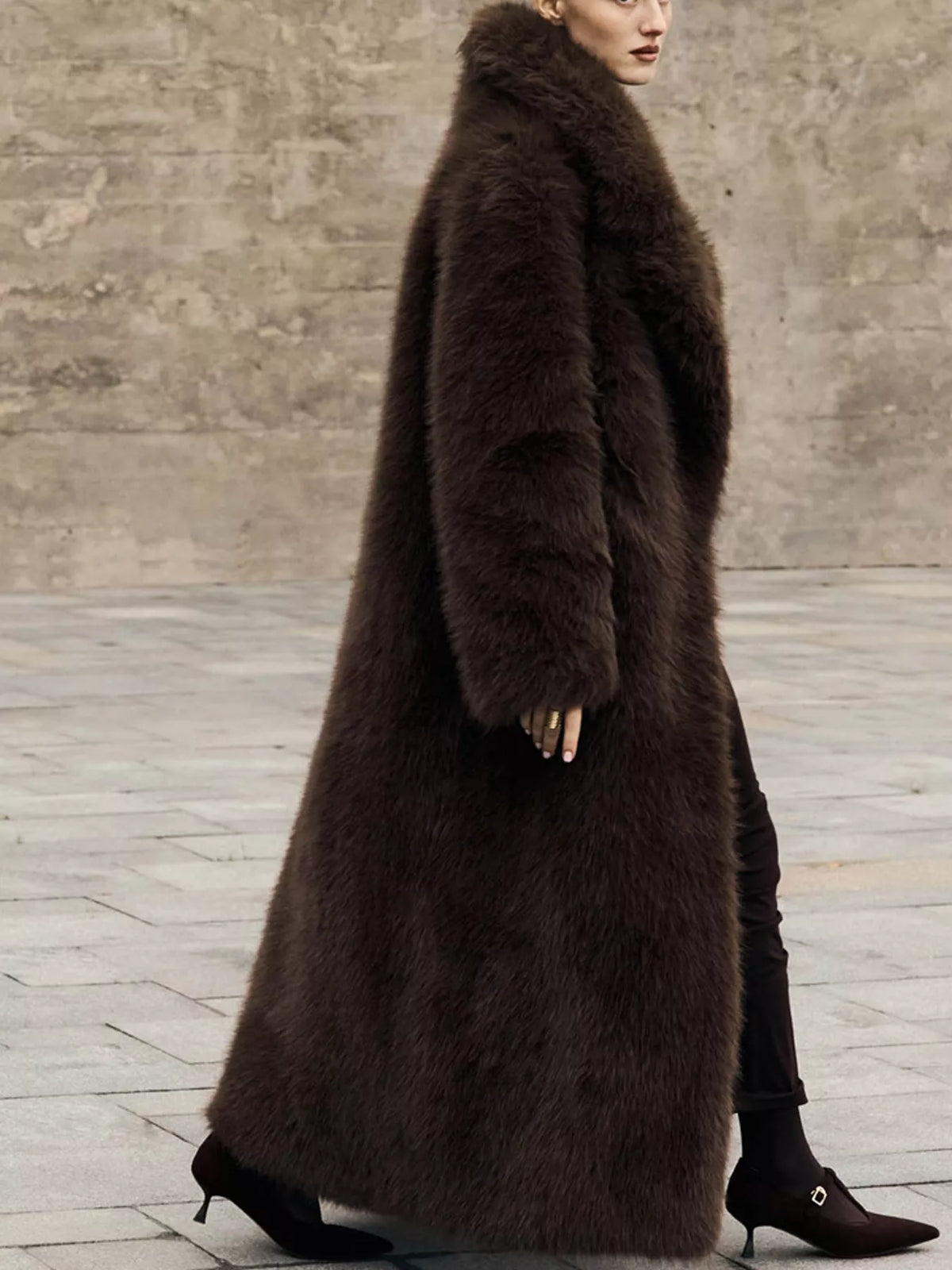 Faux Fur Open Front Longline Coat in brown