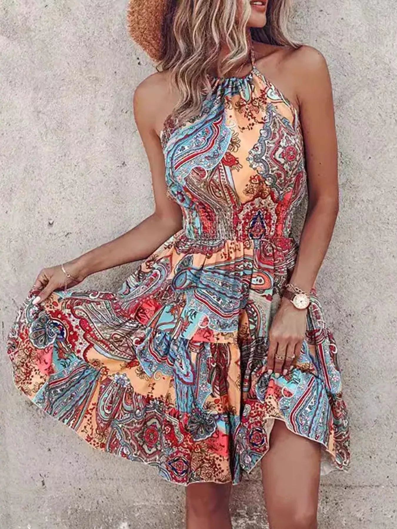Trendsi Bohemian Printed Halter Mini Dress -