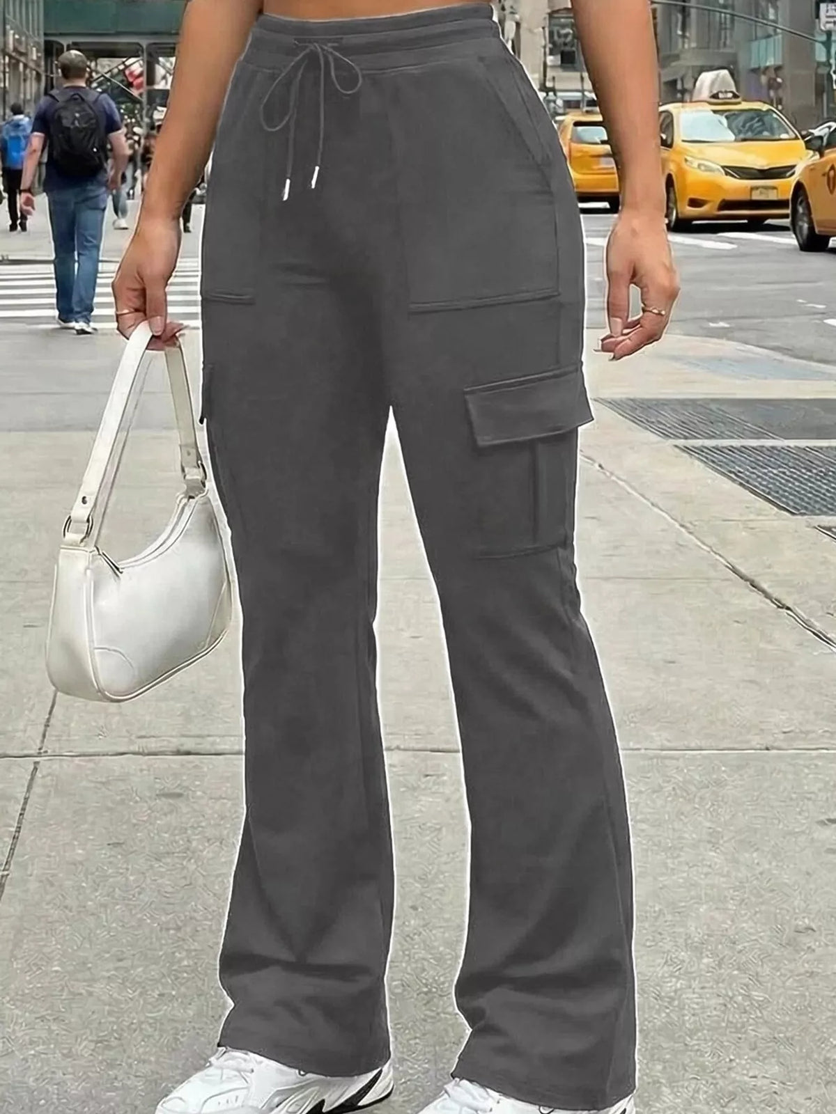 Gray high-waisted slim-fit cargo flare pants with drawstring