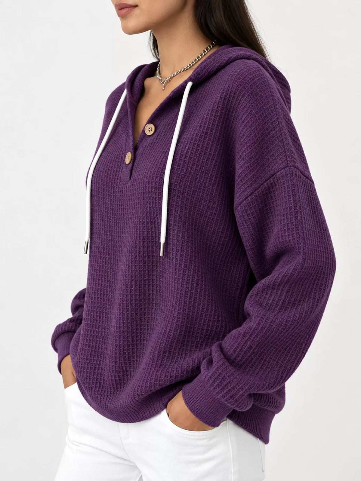 Waffle-knit hoodie, purple side
