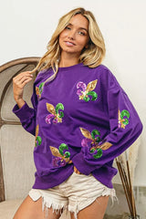 Trendsi BiBi Fleur De Lis Sequin Patches Mardi Gras Sweatshirt -