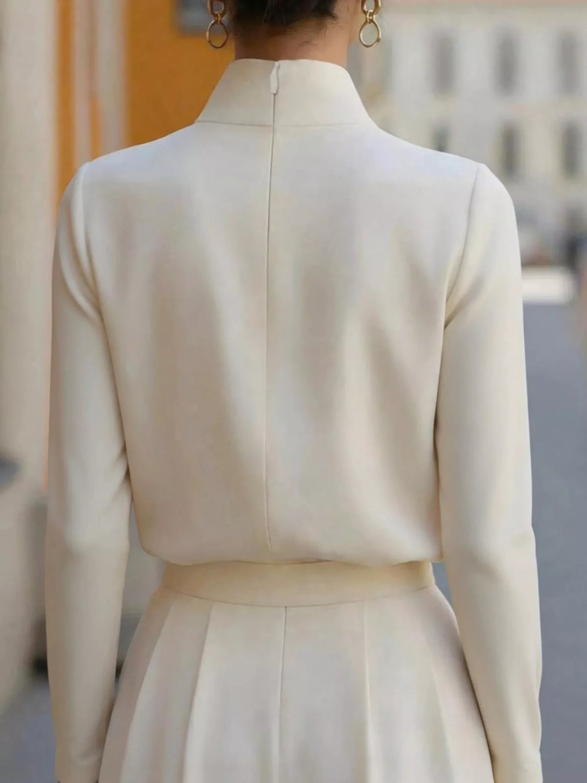 Mandarin neck long sleeve blouse, back view