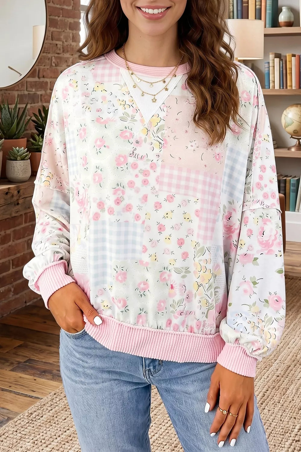 Trendsi Twisted Ribbed Trim Floral Print Patchwork Long Sleeve Top -