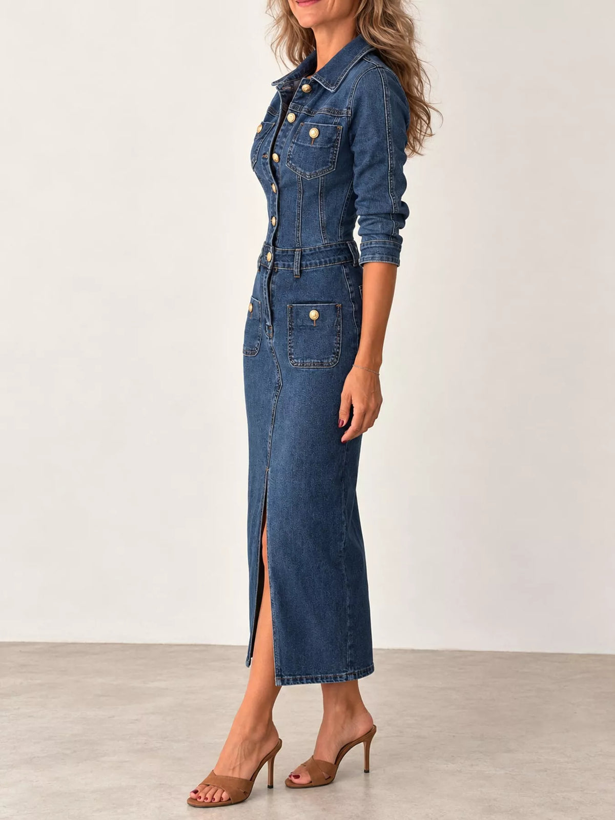 Blue button front slim fit denim midi dress, side view