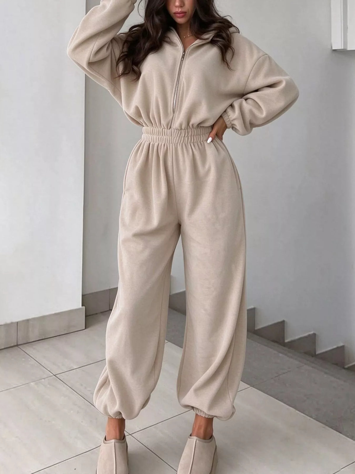 Zip Front Long Sleeve Jumpsuit — front view