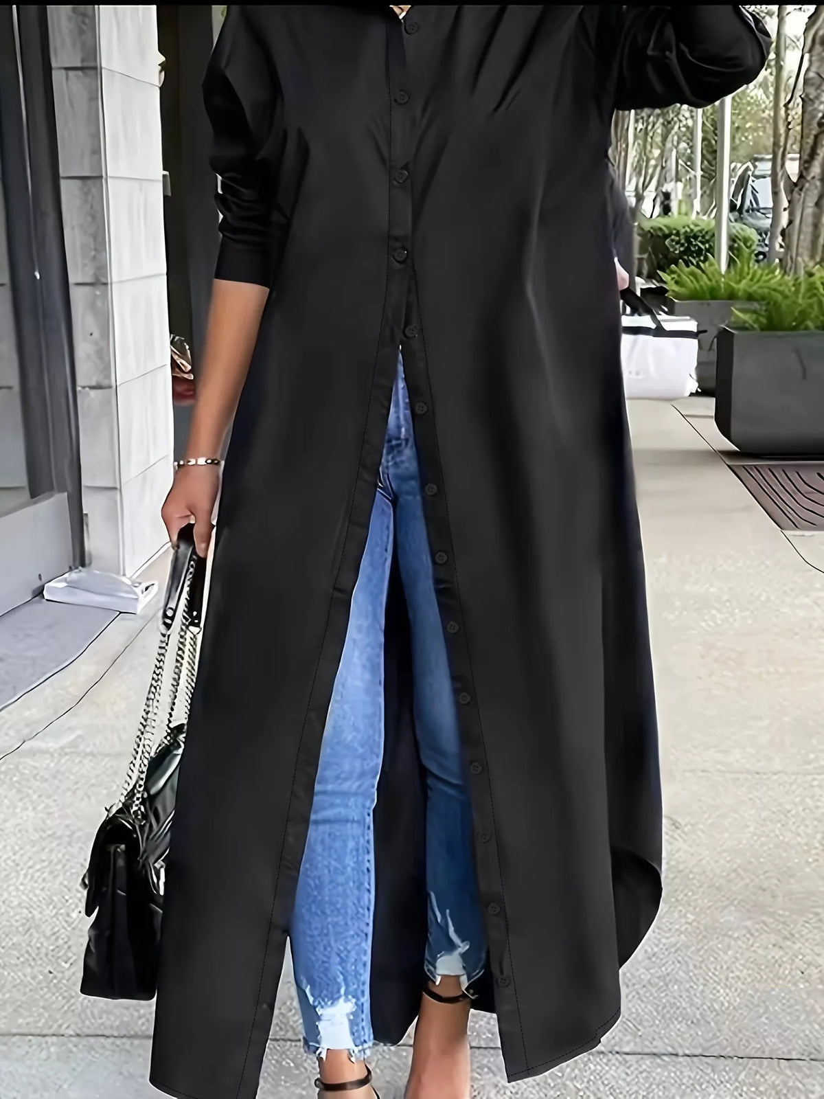 Longline button-down shirt, black front button detail