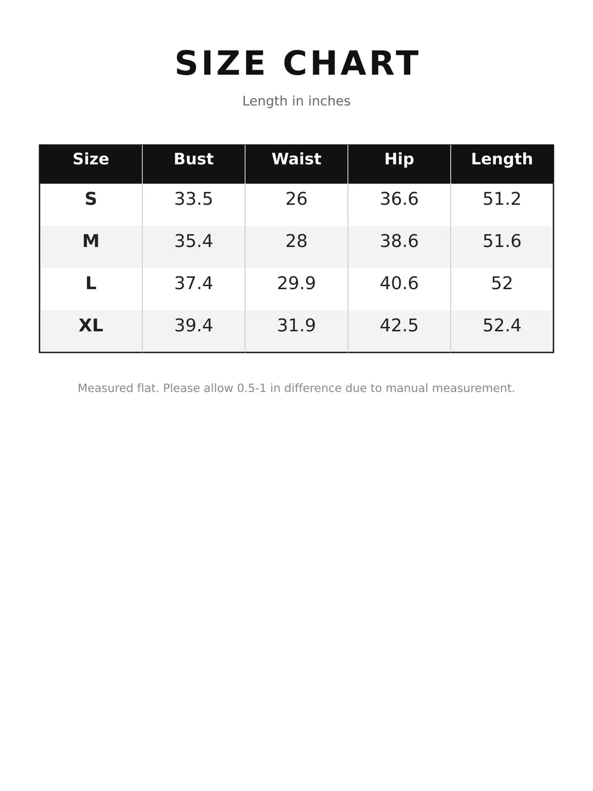 Size chart for high-low ruffle-hem evening dress