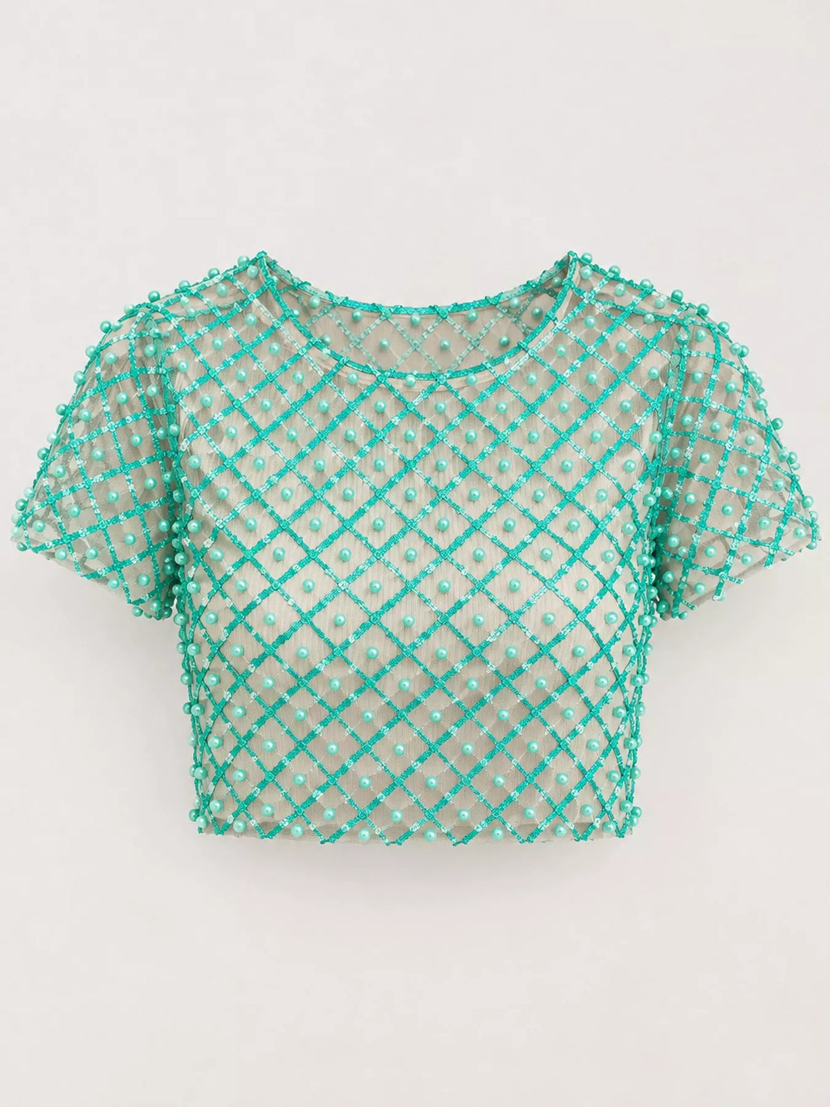 Sheer Mesh Pearl Embellished Crop Blouse in green