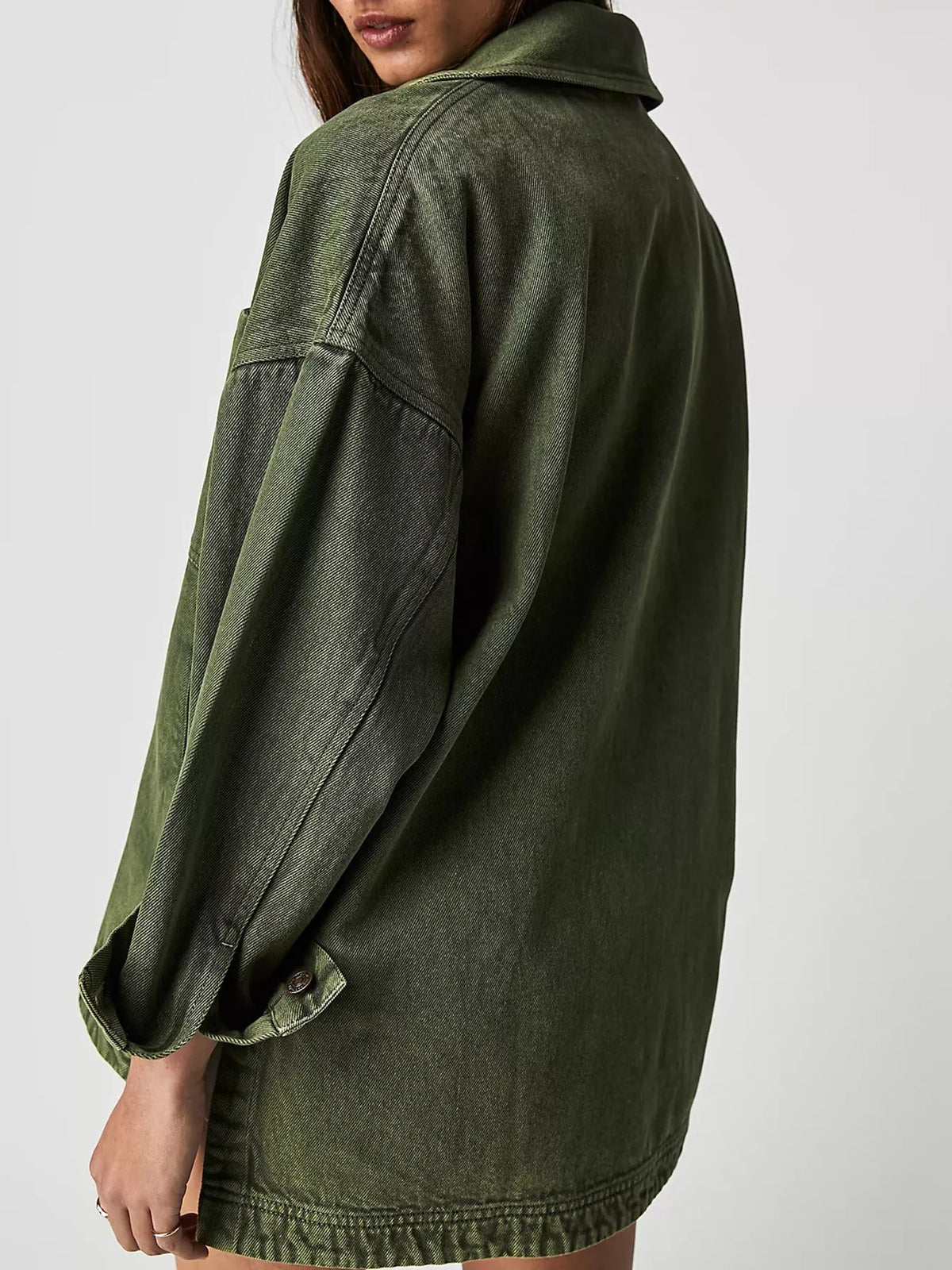 Army Green button up long sleeve denim jacket, back view