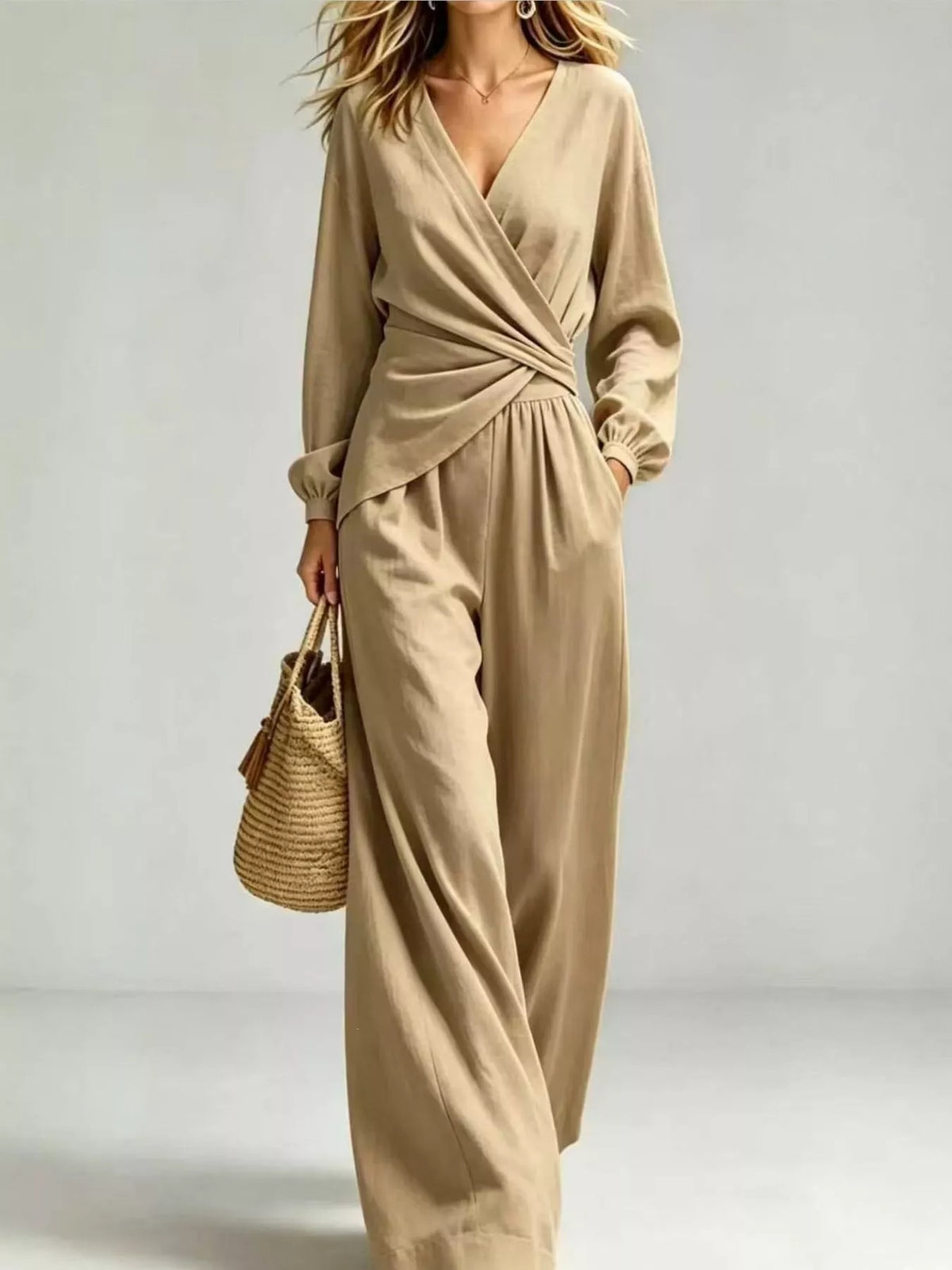 V-Neck Long Sleeve Top and Wide-Leg Pants Set — front view