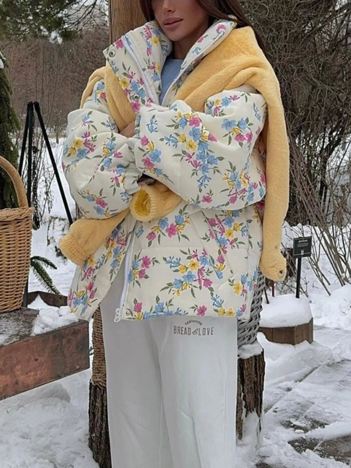 Floral Print Stand Collar Puffer Jacket, front view