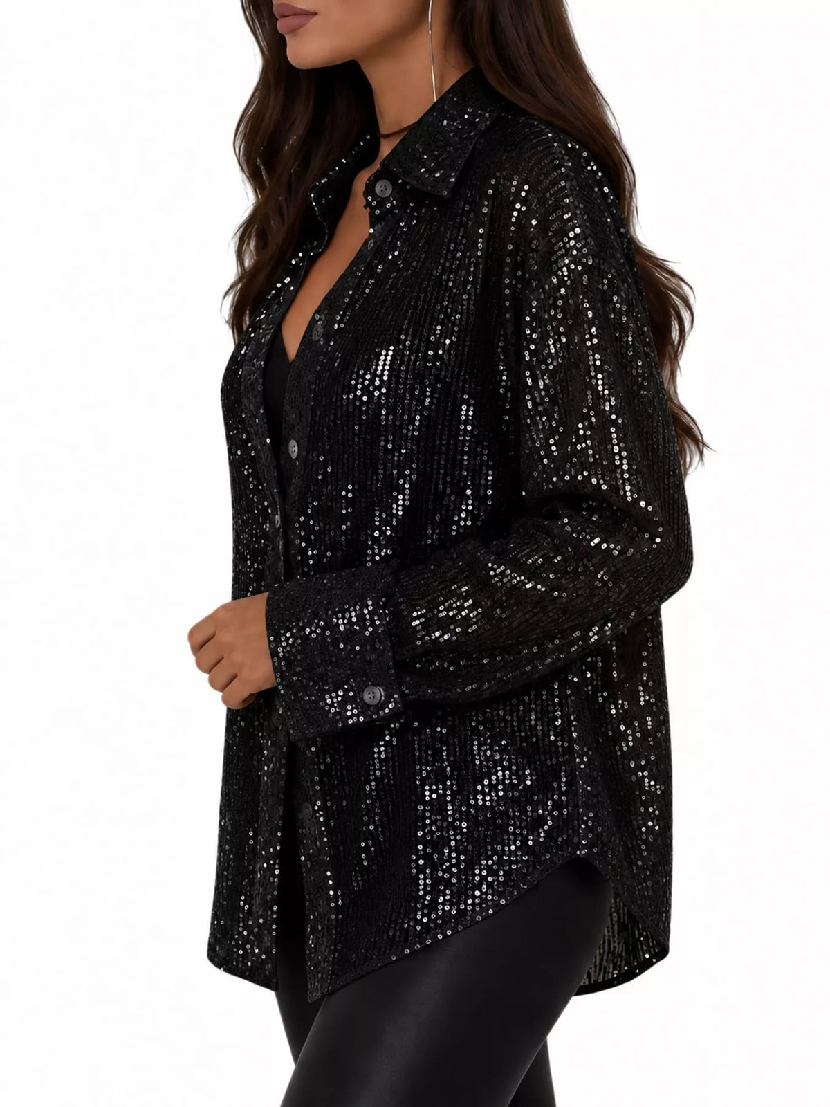 Black sequin button up long sleeve shirt