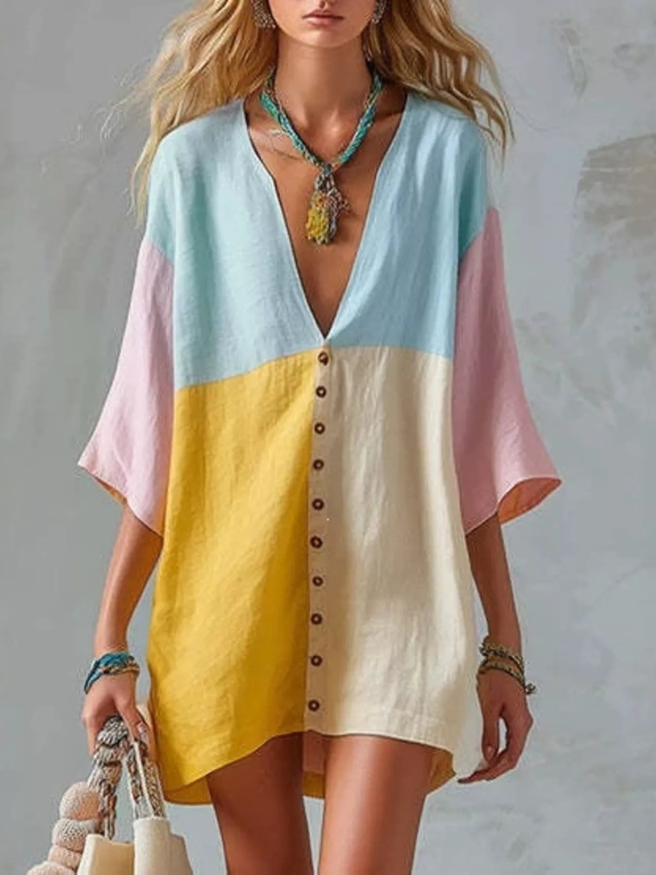 Trendsi Color Block V-Neck Mini Dress -