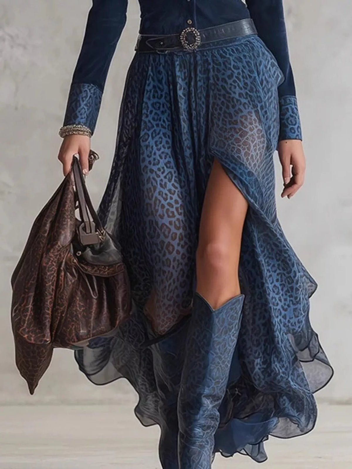 Leopard button-front long sleeve maxi dress