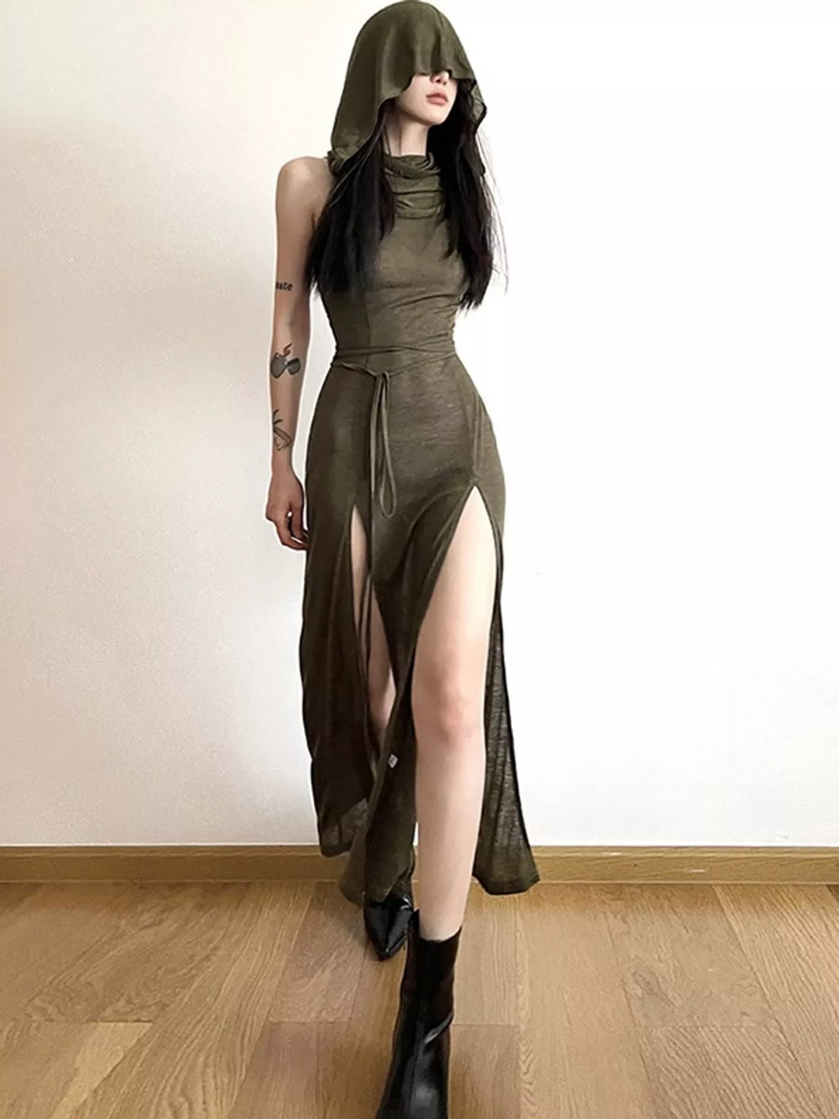 Olive green sleeveless high slit hooded maxi dress, front view