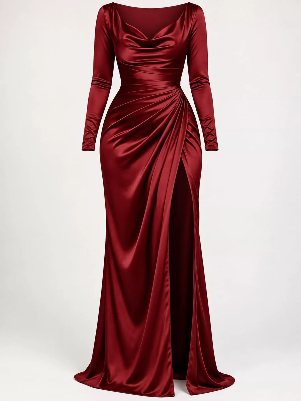 Burgundy satin cowl neck high slit maxi dress, front view