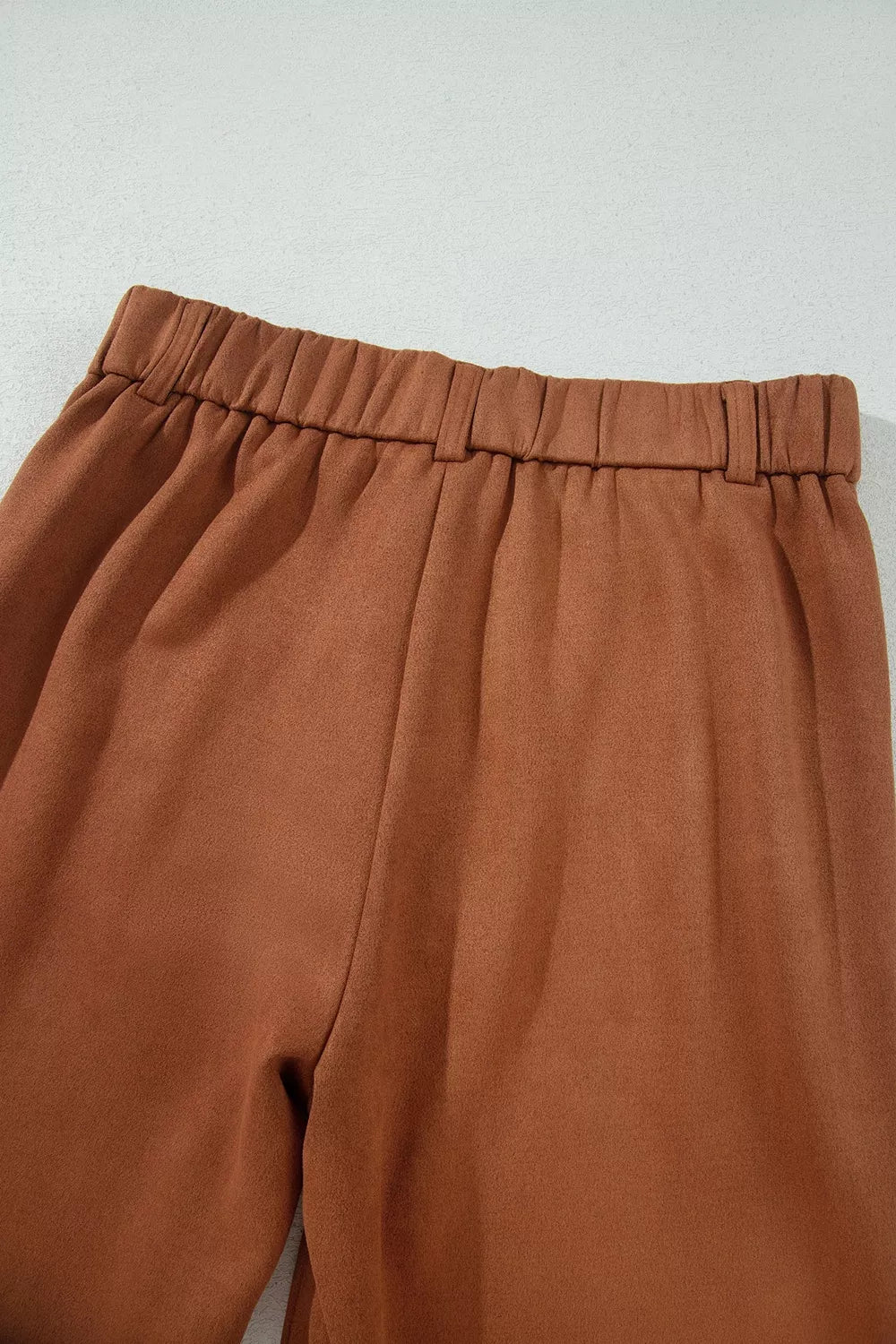 Brown scalloped-pocket wide-leg pants, elastic back waist detail