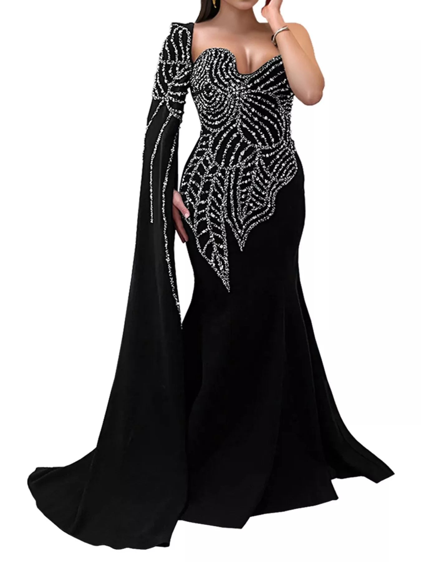 Trendsi Rhinestone Pearl Detail One-Shoulder Mermaid Maxi Dress -