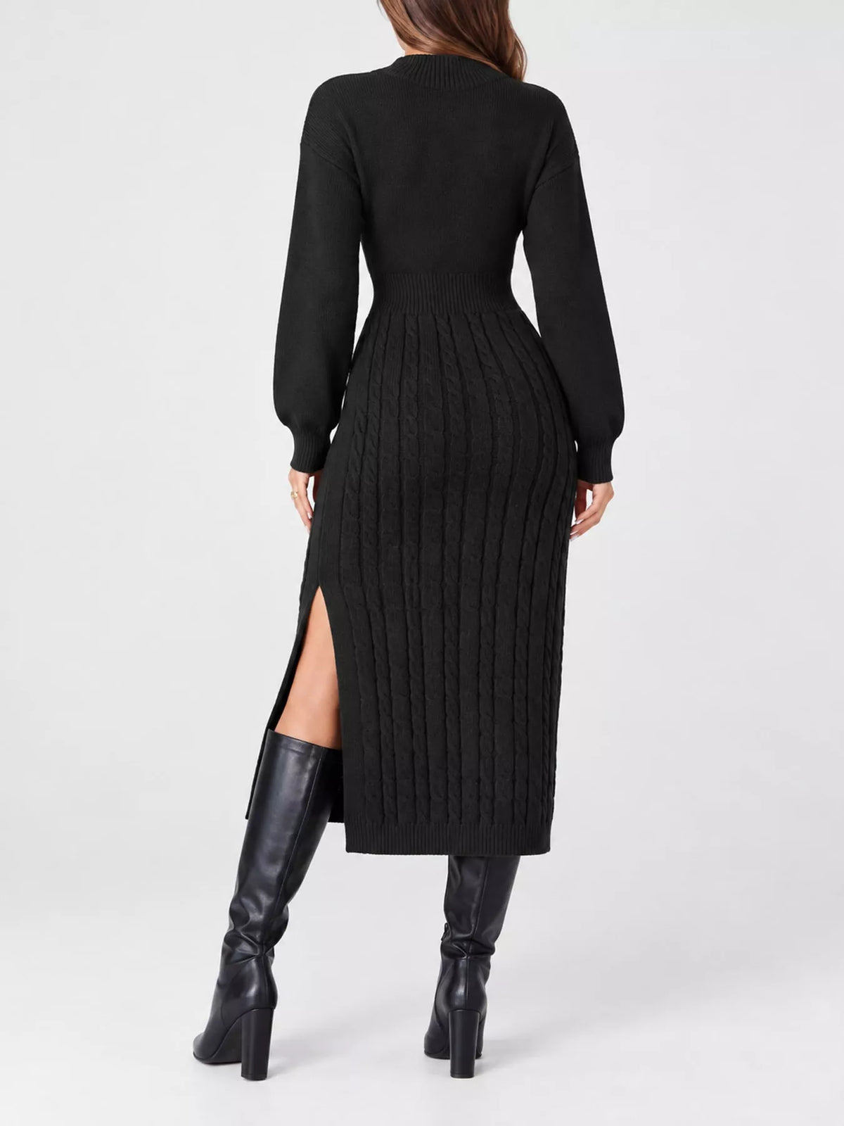 Women's Mock Neck Cable Knit Sweater Dress with Front Slit in black — back view