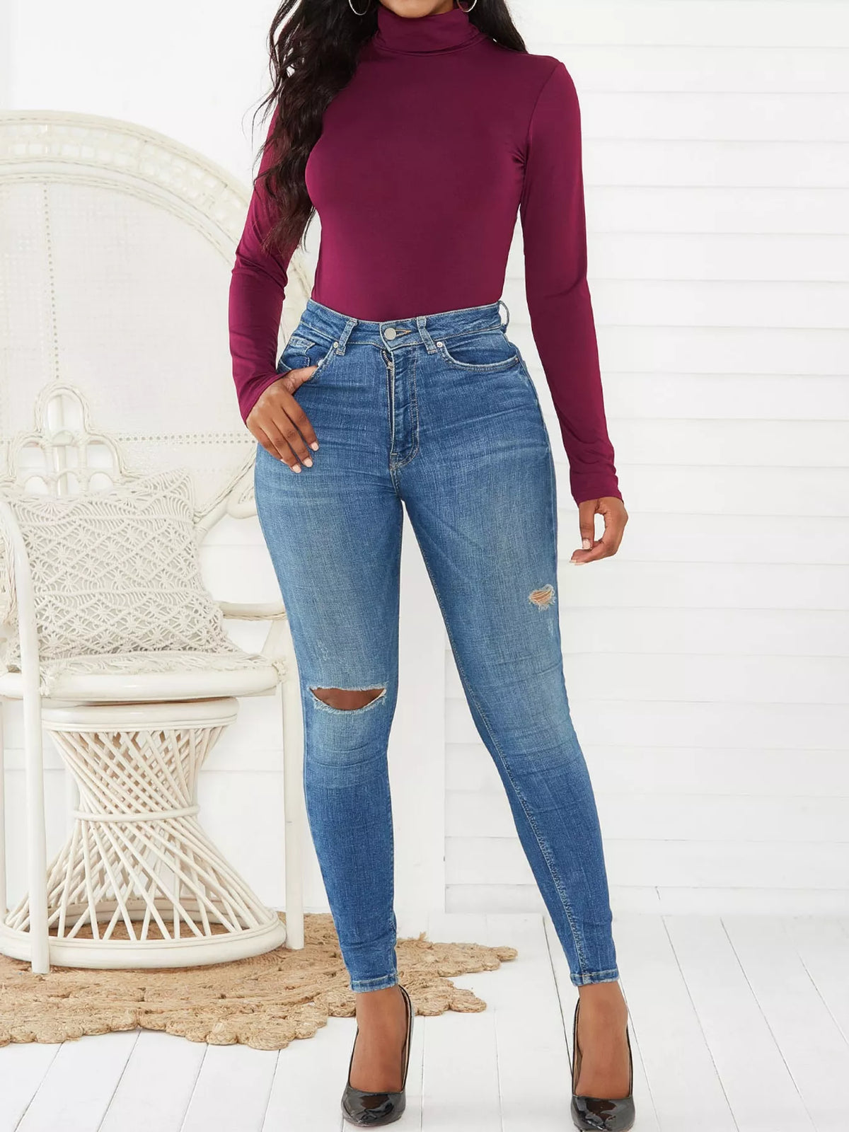 Long Sleeve Turtleneck Slim-Fit Bodysuit in burgundy