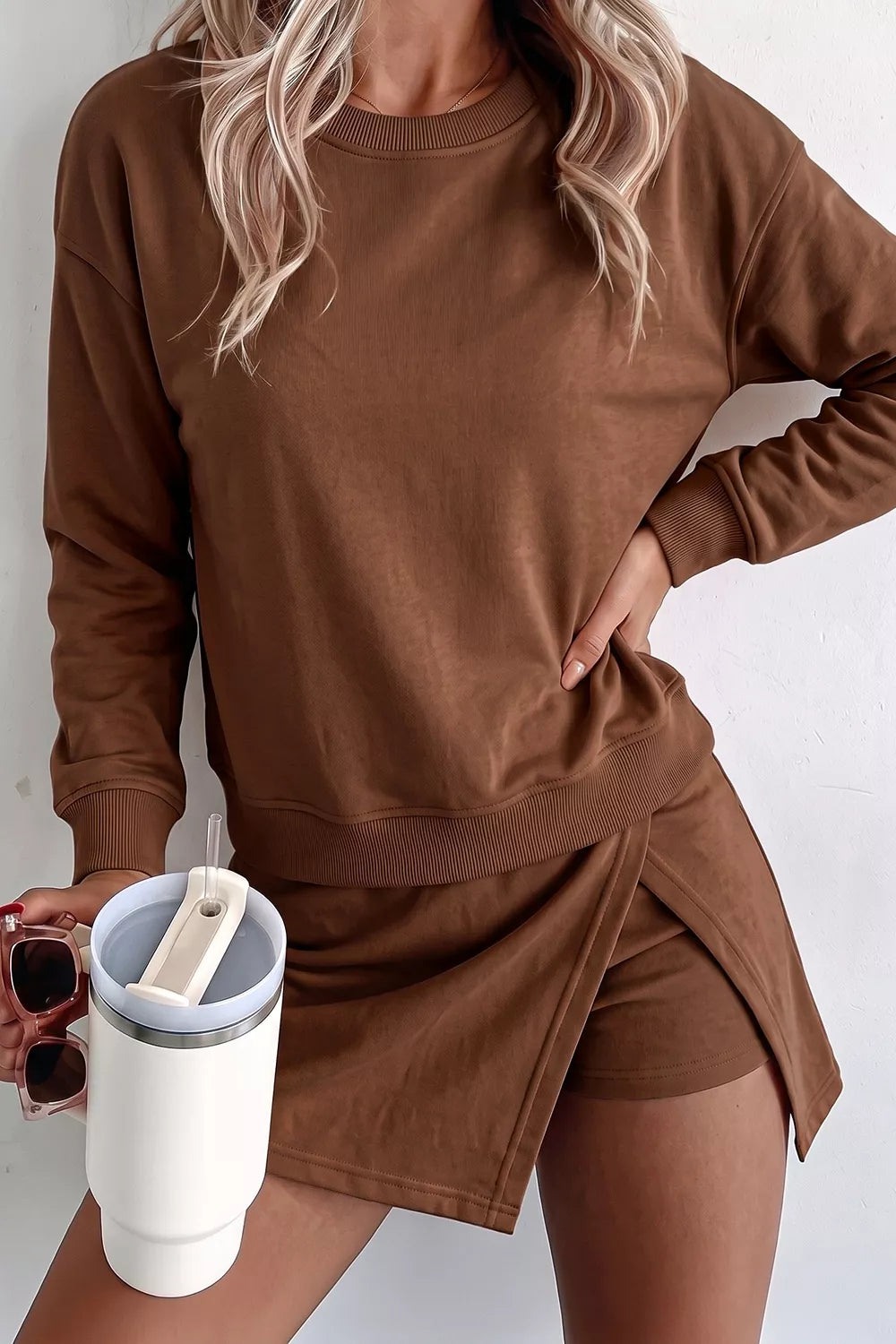 Trendsi Solid Color Long Sleeve Top Split Skort 2pcs Outfit -