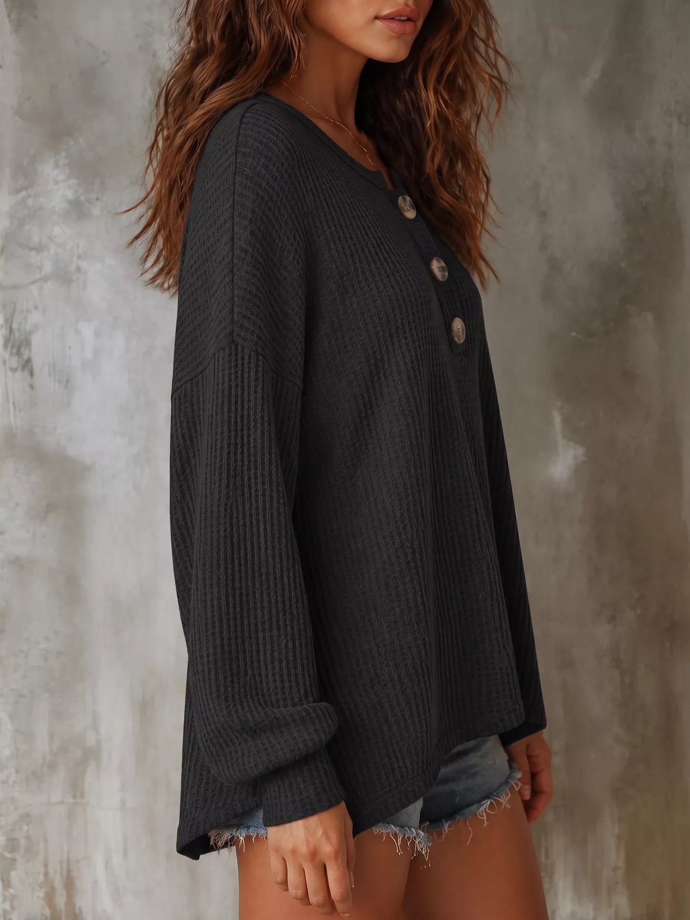 Trendsi Button Detail Dropped Shoulder Knit Top -