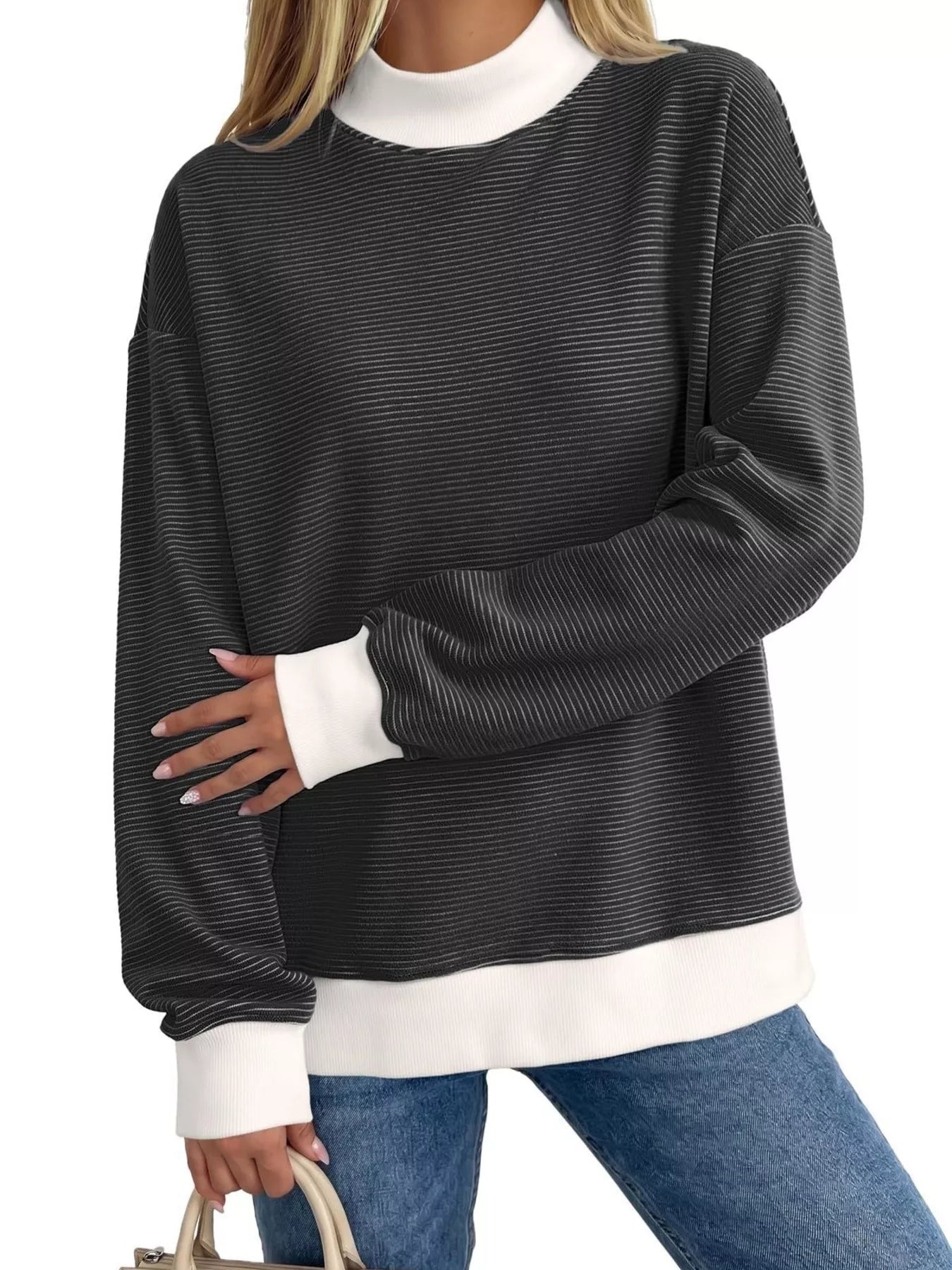 Trendsi Casual Mock Neck Striped Long Sleeve T-Shirt -