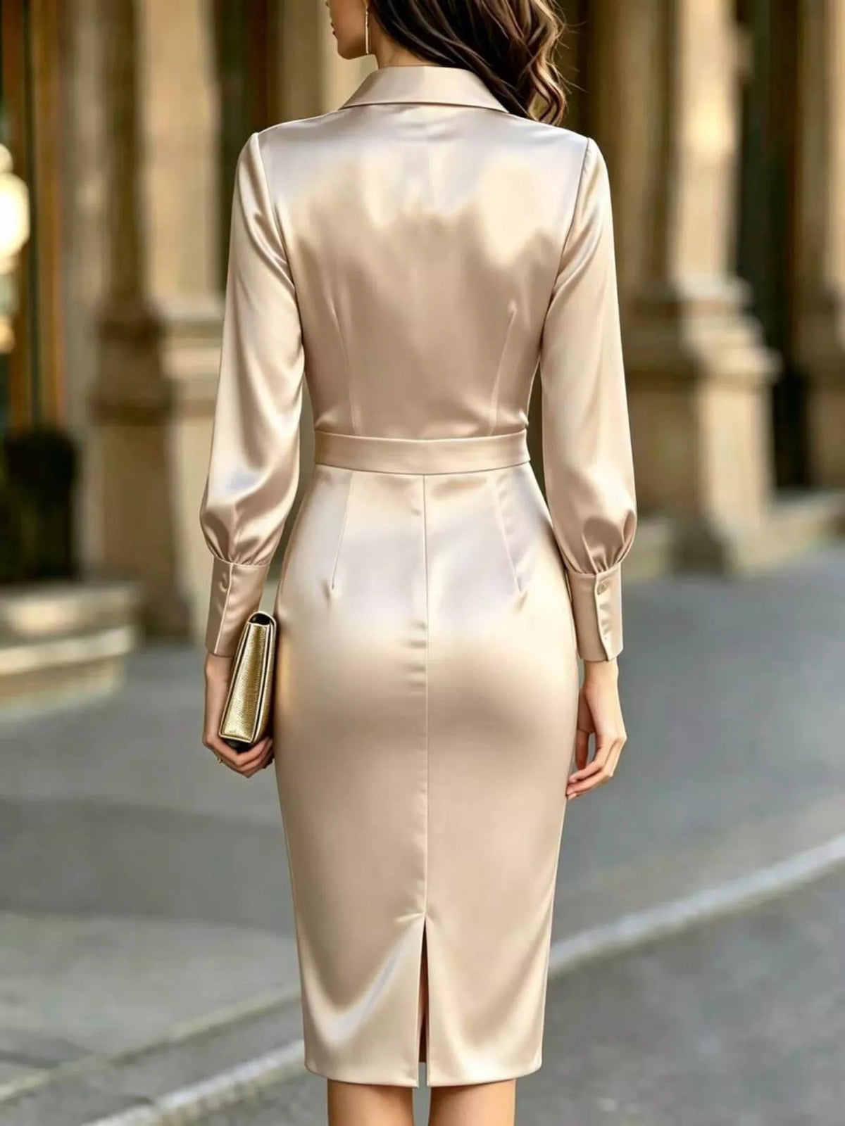 Tan satin lantern sleeve midi dress