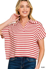 Trendsi Zenana Striped Split Neck Collared Top -