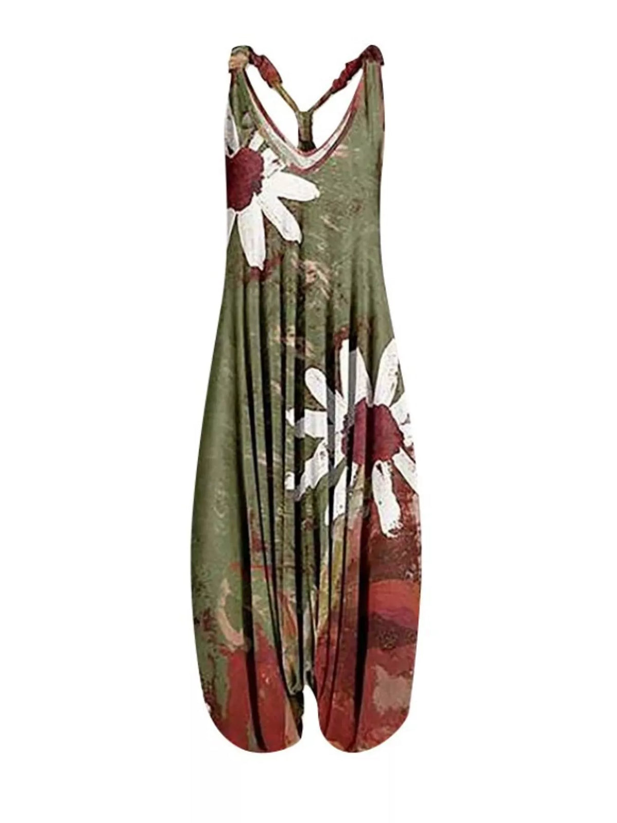Olive daisy-print V-neck sleeveless jumpsuit