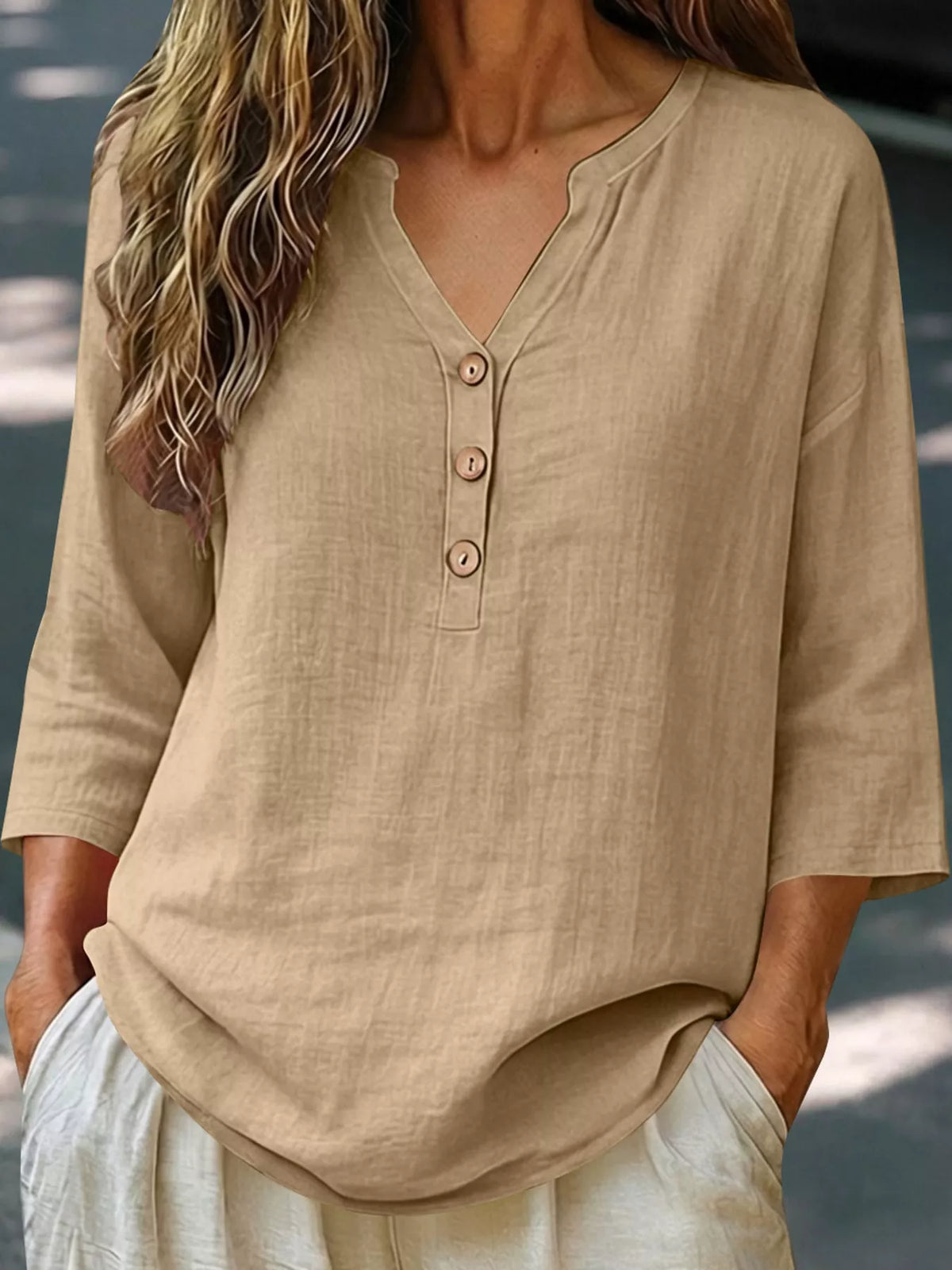 Button Notched 3/4 Sleeve Blouse in khaki, front view