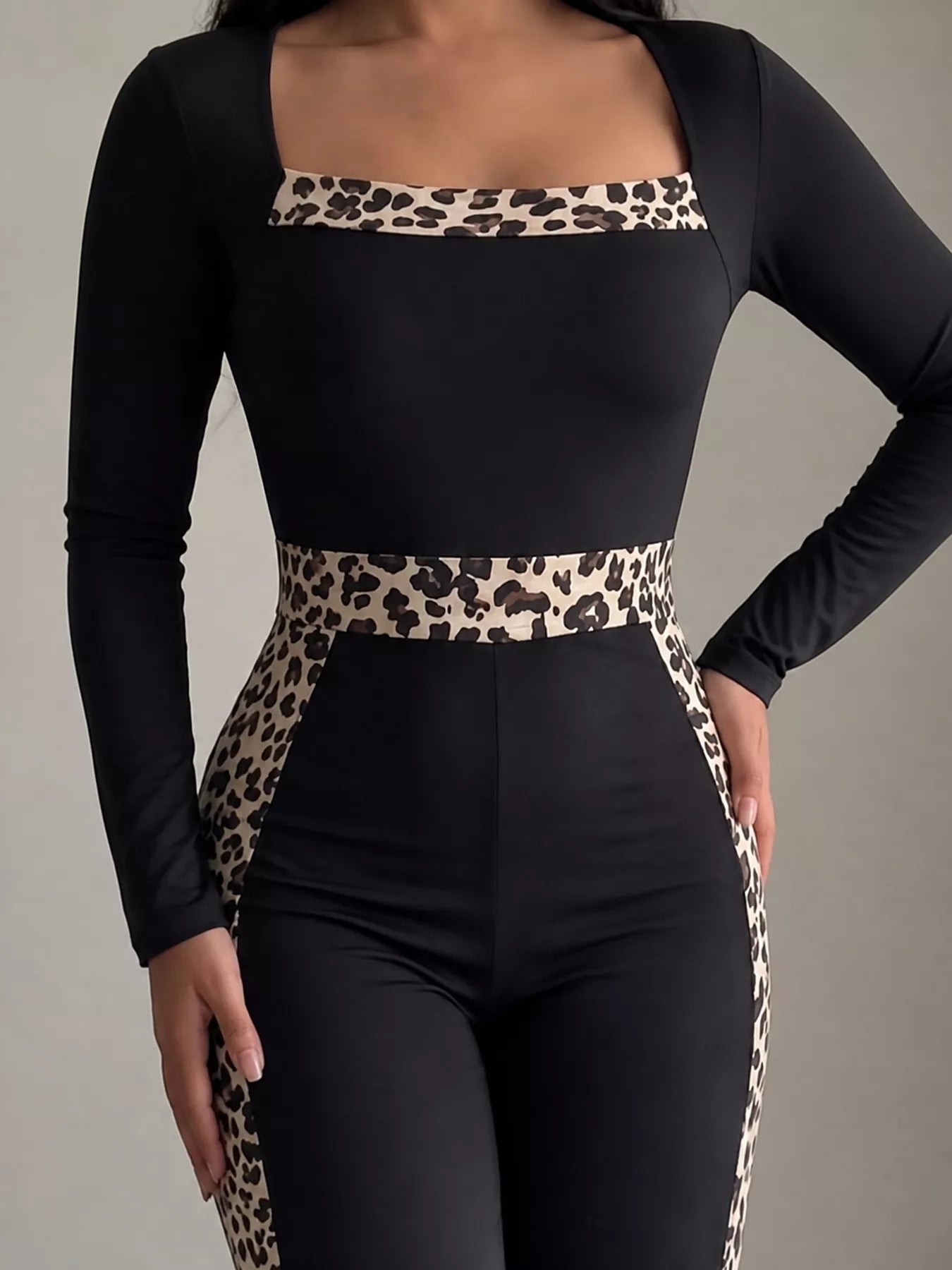 Trendsi Leopard Trim Long Sleeve Jumpsuit -