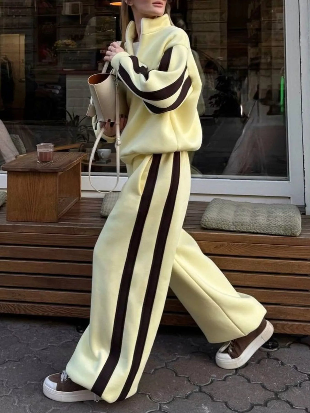 Trendsi Contrast Striped Zip Up Top and Pants Set -
