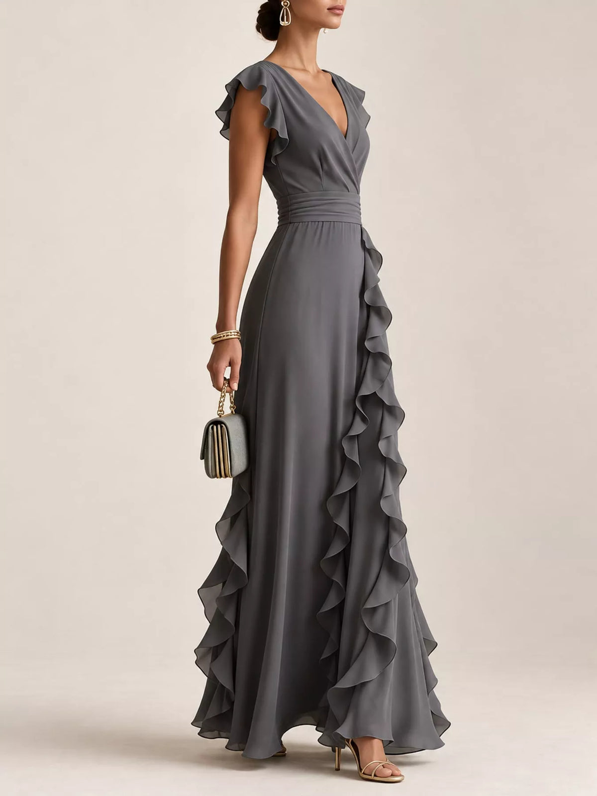 Gray ruffled surplice maxi dress, side view