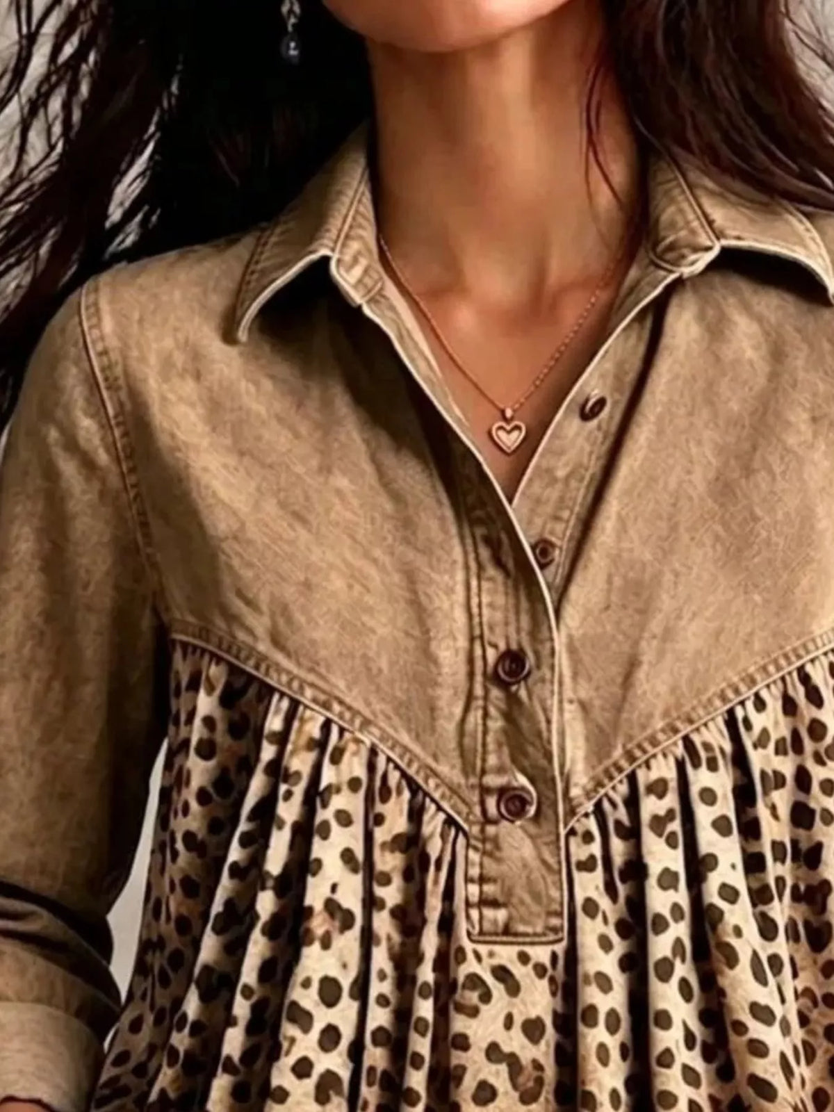 Camel leopard-panel button-front blouse, neckline close-up