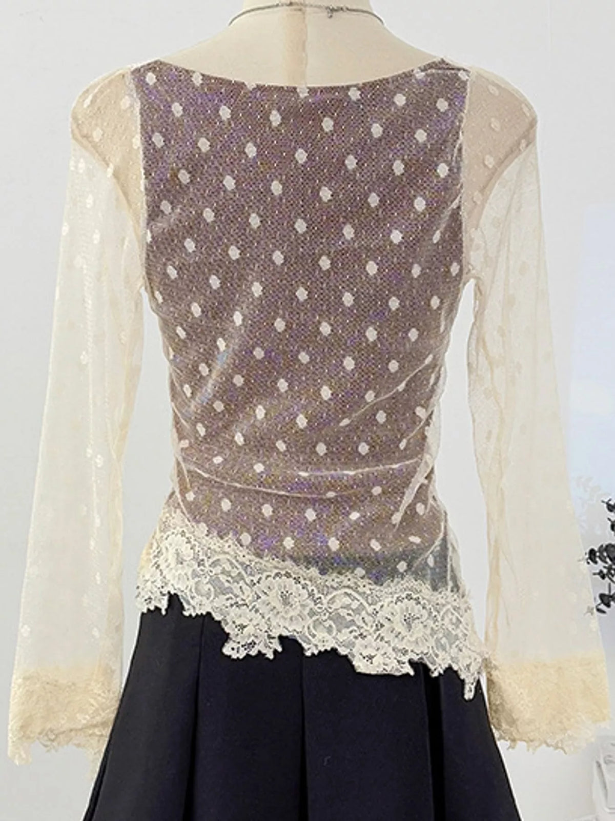 Vintage Lace Contrast Blouse with Polka Dot Mesh Sleeves, back view in brown and cream