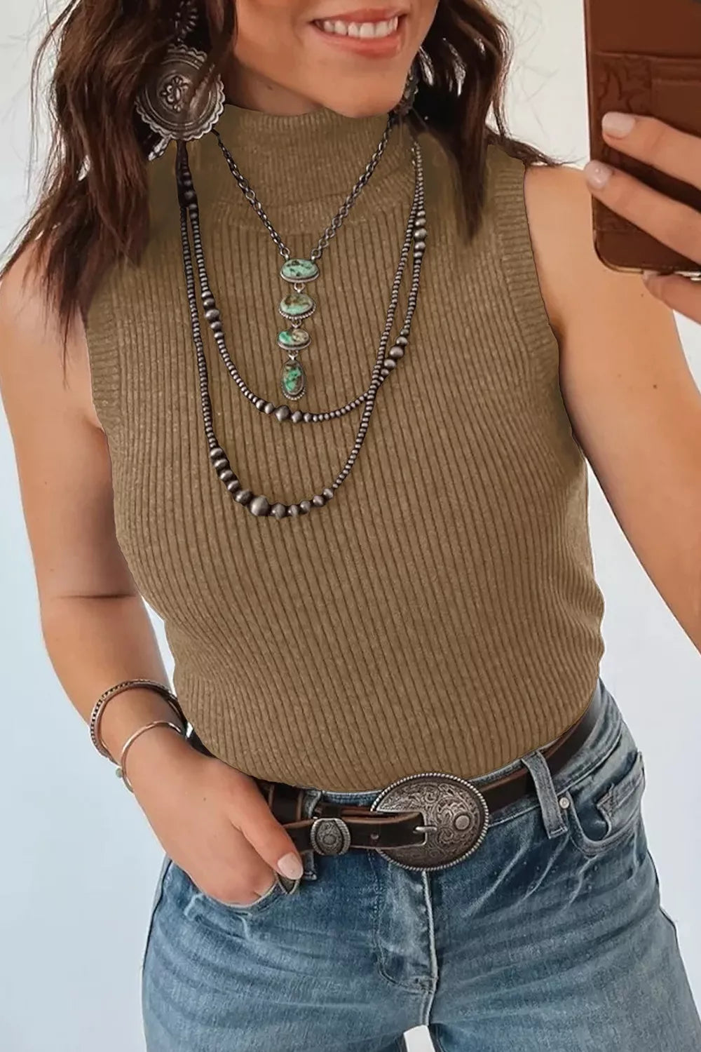 Trendsi Mock Neck Ribbed Knit Sweater Vest -