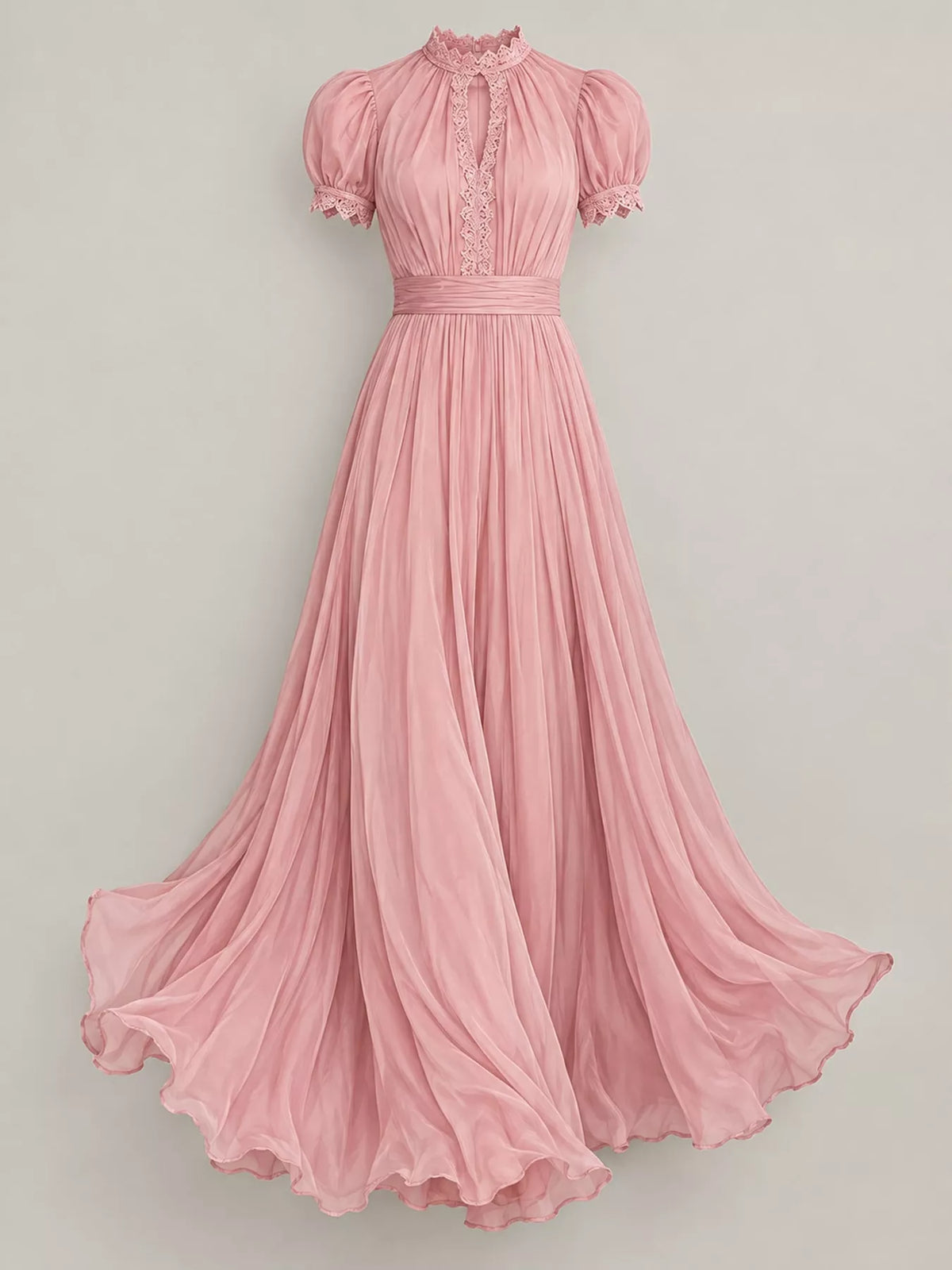 Lace Puff Sleeve Maxi Dress in pink, front view