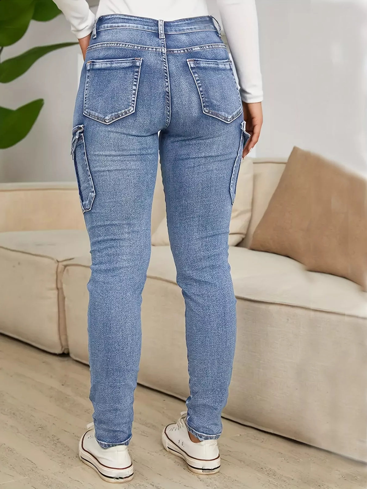 Slim Fit Jeans with Pockets, back view in blue